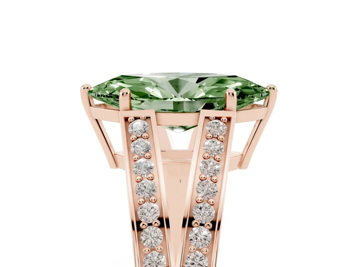 Fancy Green Marquise Cut Diamond Split Shank Ring with Pavé Band and Four-Prong Setting Rose gold