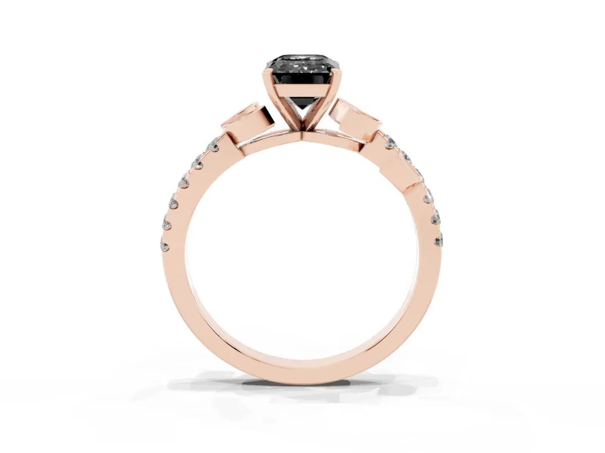 Fancy Black Emerald Cut Solitaire Leaf-Inspired Diamond Ring with Pavé Band and Four-Prong Setting Rose gold