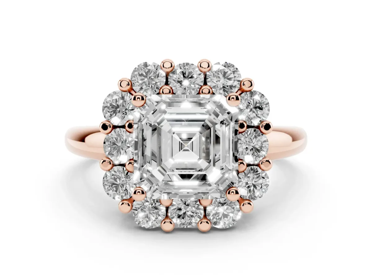 Asscher Cut Halo Cluster Diamond Engagement Ring with Prong Setting and Polished Band Rose gold