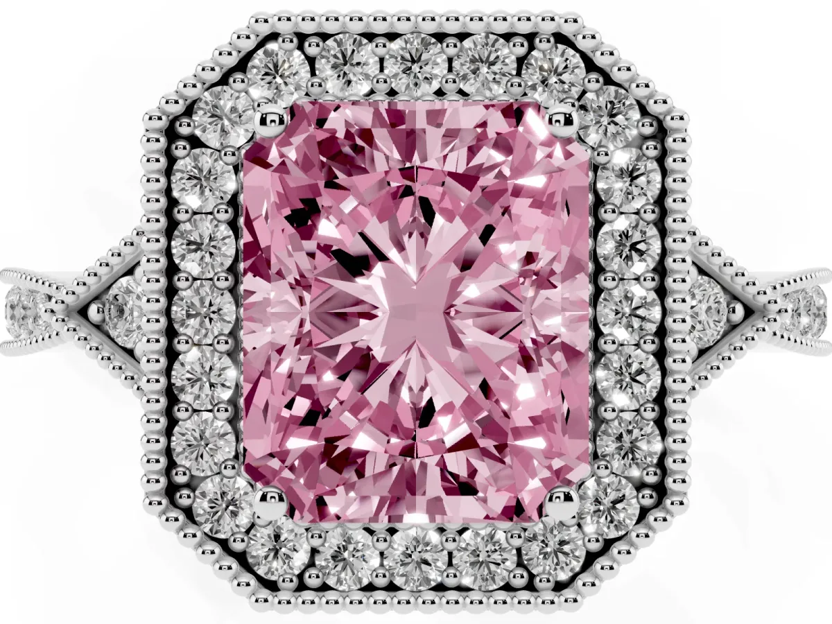 Fancy Pink Radiant Cut Halo Round Diamond Milgrain Pave Engagement Ring Silver