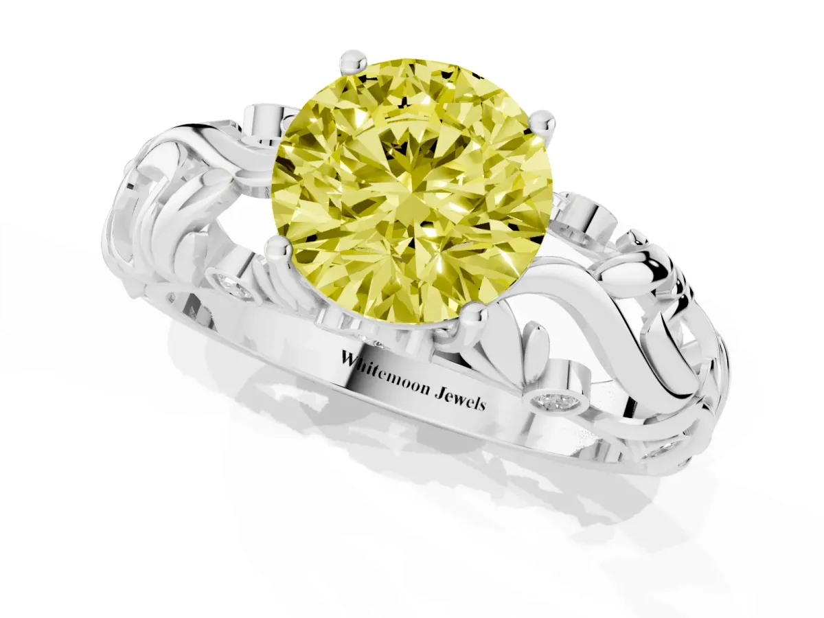 Fancy Yellow Round Cut Solitaire Diamond Leaf-Inspired Vine Band Ring with Prong Setting Silver