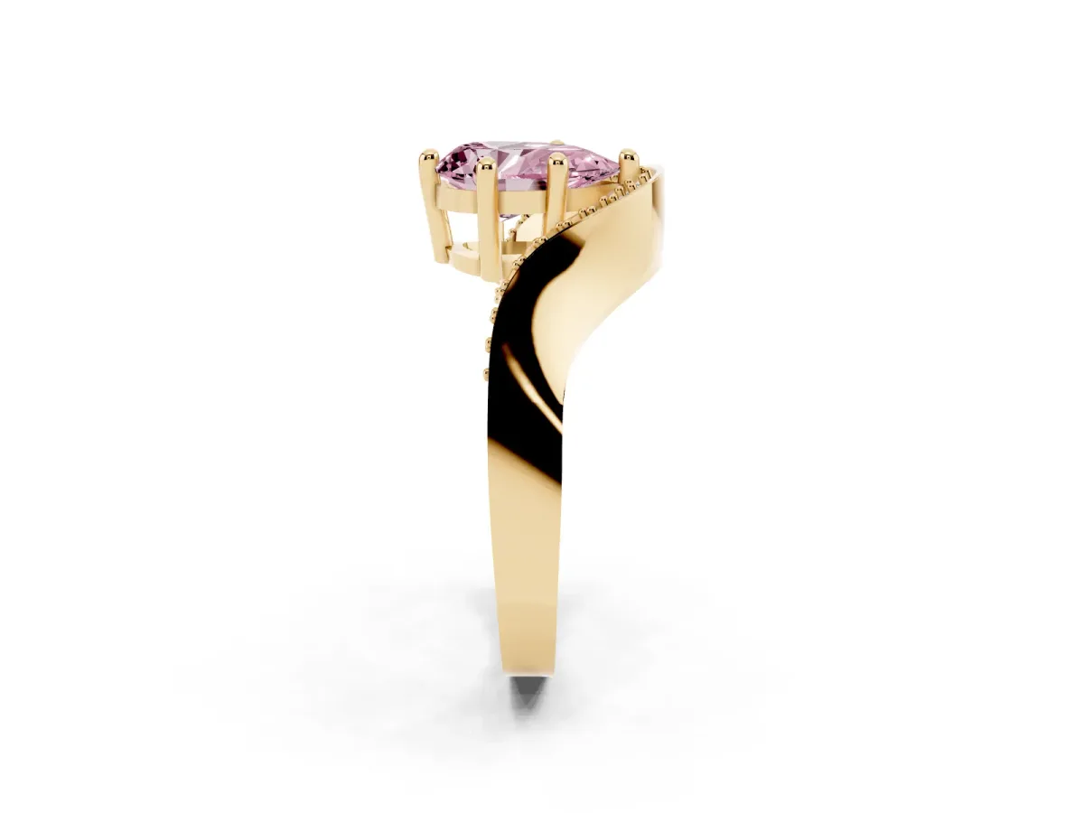 Fancy Pink Pear Cut Solitaire Diamond Engagement Ring with Pave Band and Four-Prong Setting Yellow gold