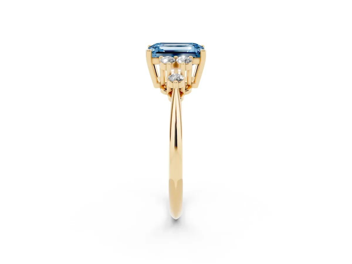 Fancy Blue Emerald Cut Cut Diamond Cluster Ring with Solitaire Band and Four-Prong Setting Yellow gold