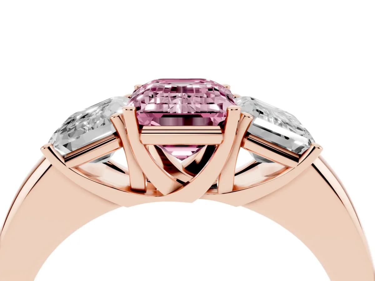Fancy Pink Emerald Cut Diamond Three-Stone Ring with Four-Prong Setting and Classic Band Rose gold