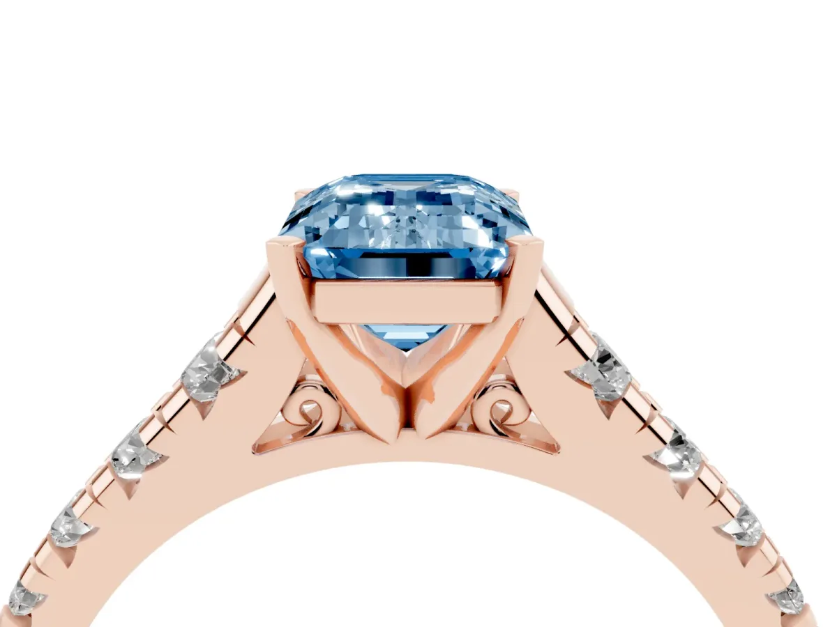 Fancy Blue Emerald Cut Diamond Cathedral Solitaire Ring with Round Pavé Band Rose gold