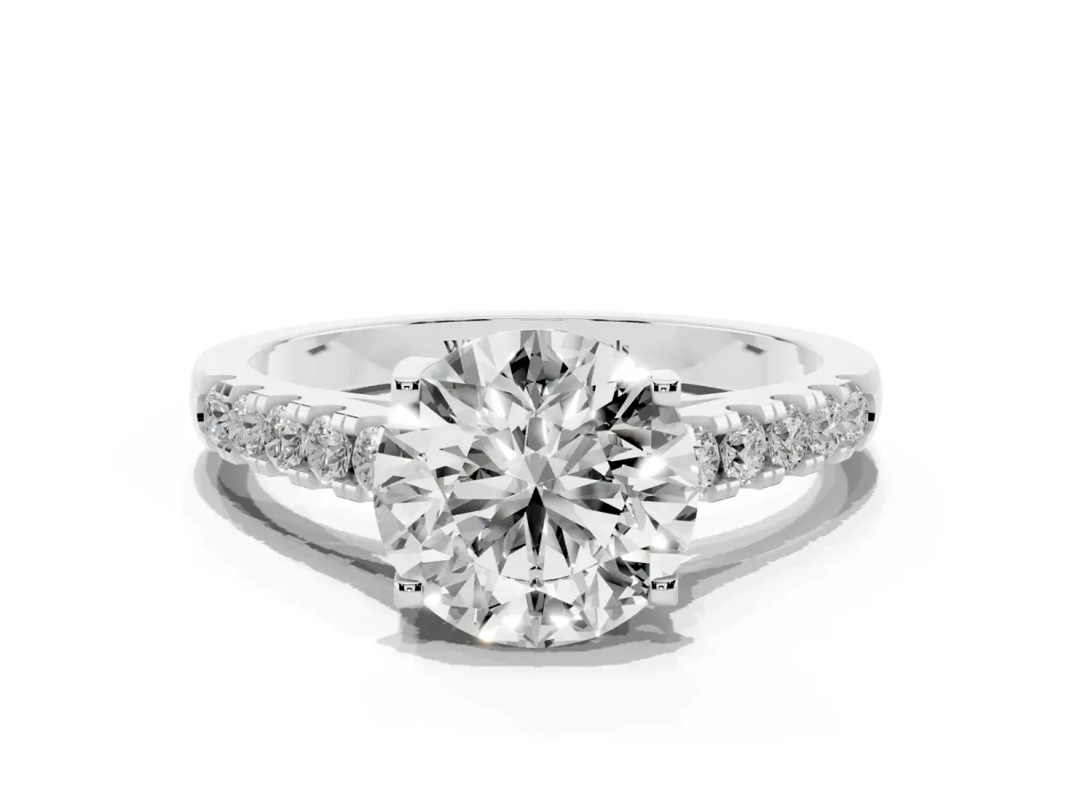 Round Cut Diamond Pavé Band Solitaire Ring with Prong Setting Silver