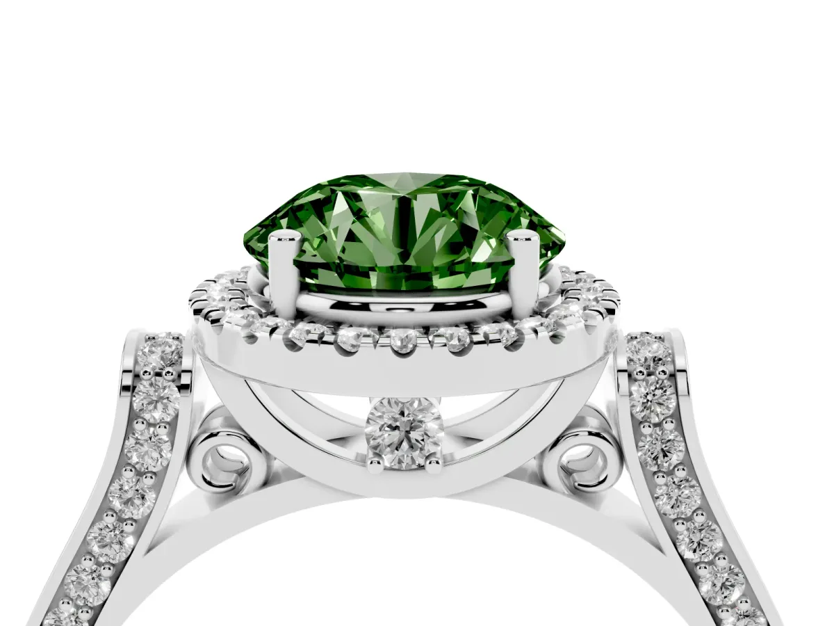 Fancy Green Round Cut Halo Round Diamond Twist Band with Four-Prong Setting White gold
