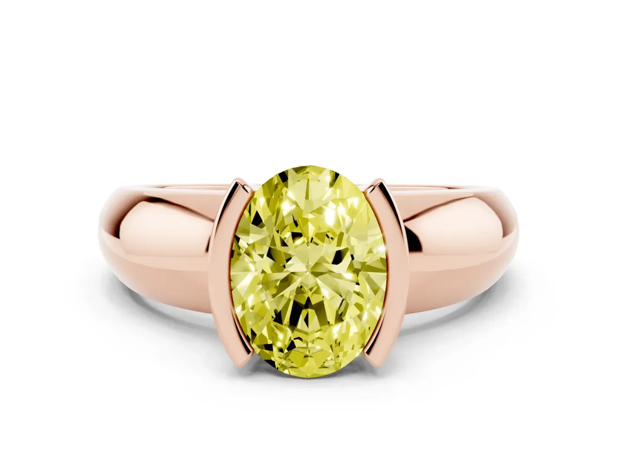 Fancy Yellow Oval Cut Solitaire Tension Set Diamond Ring with Wide Band Rose gold
