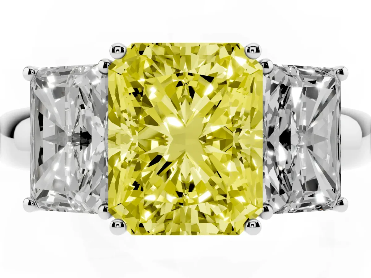 Fancy Yellow Radiant Cut Diamond Three-Stone Ring with Four-Prong Setting and Classic Band Silver