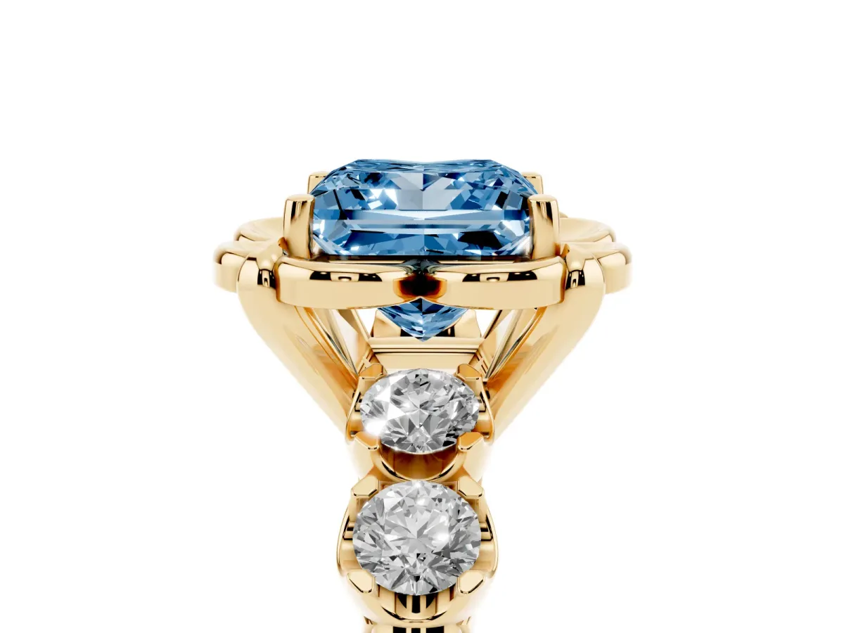 Fancy Blue Princess Cut Cut Diamond Floral Halo Engagement Ring with Shared Prong Setting Yellow gold