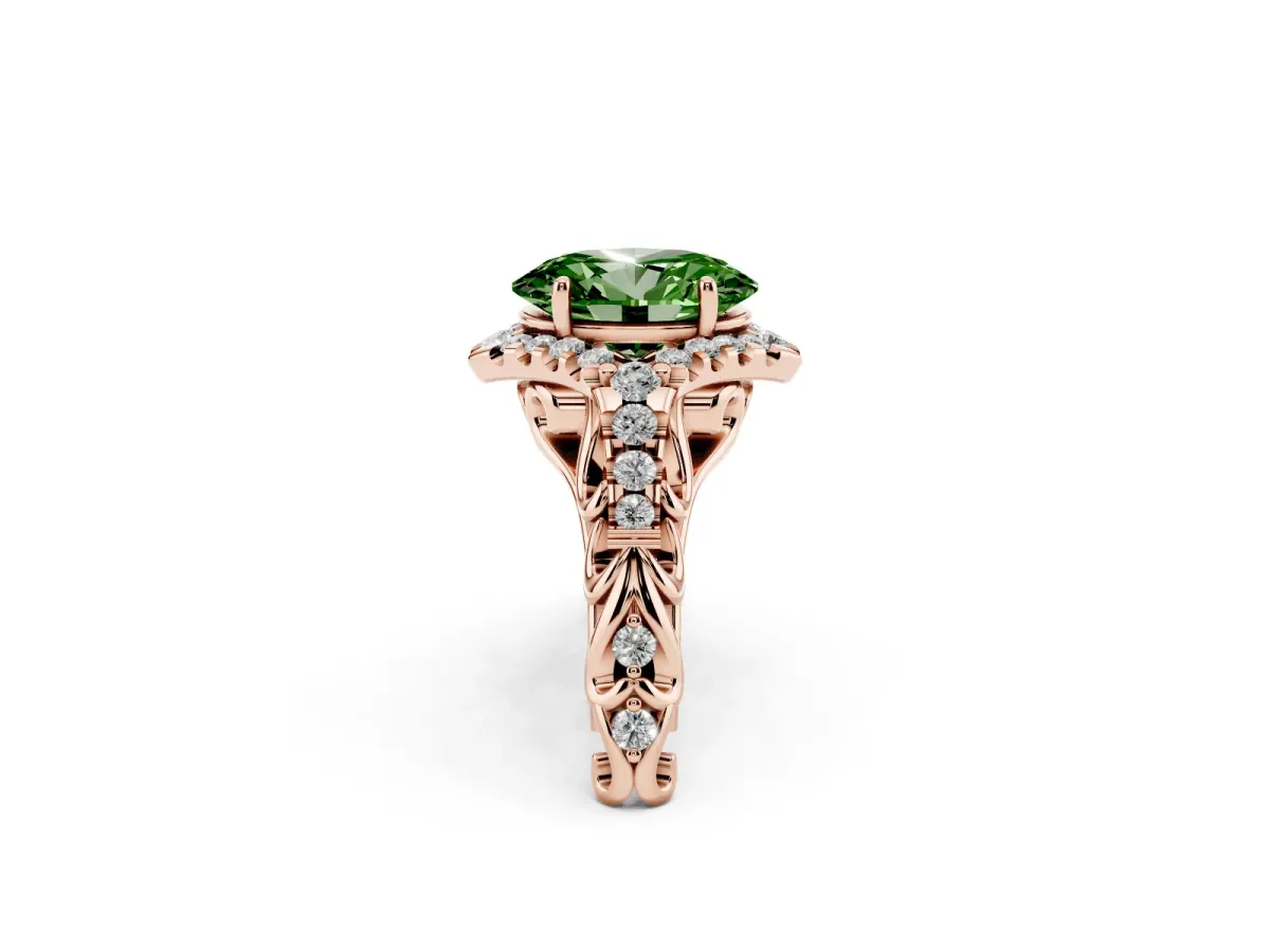 Fancy Green Oval Cut Diamond Solitaire Ring with Hidden Halo and Pavé Band Rose gold