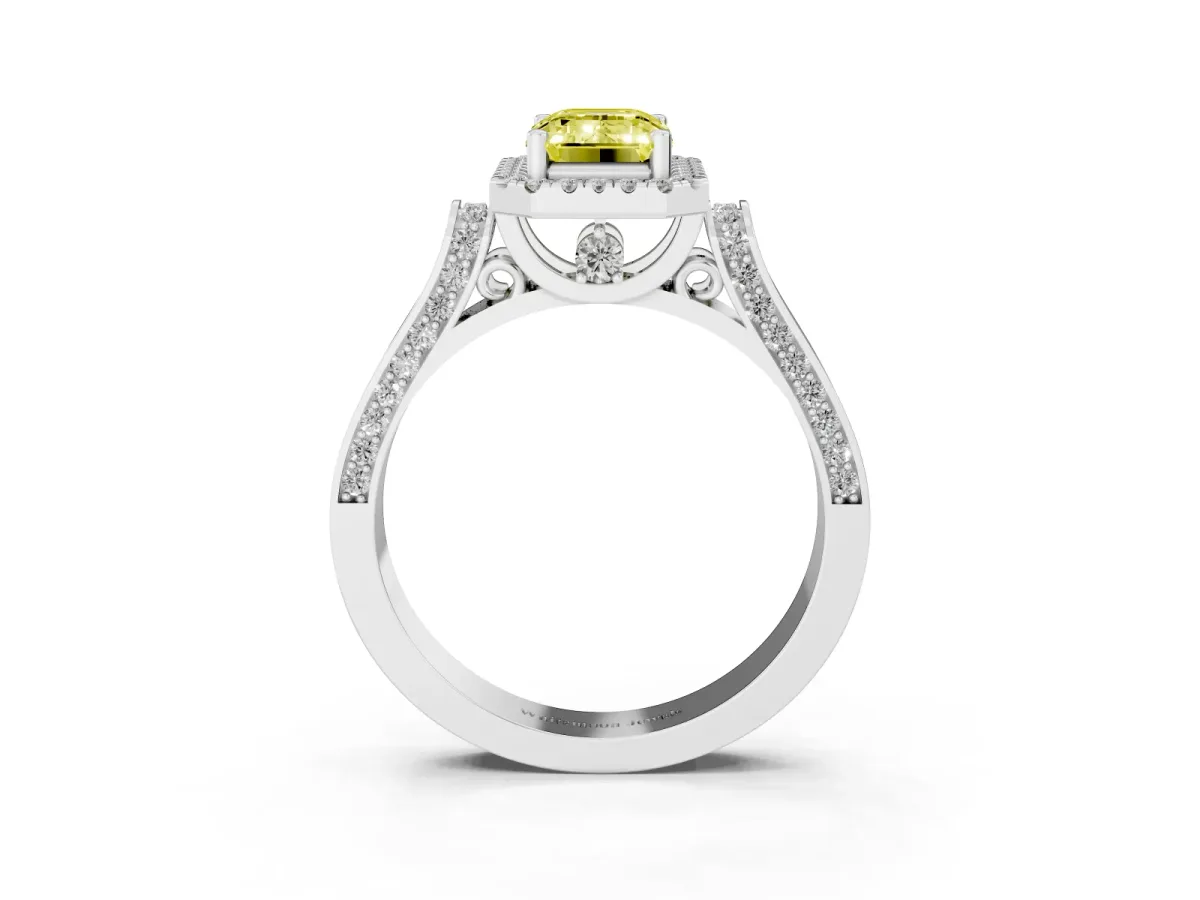 Fancy Yellow Emerald Cut Halo Round Diamond Twist Band with Four-Prong Setting White gold
