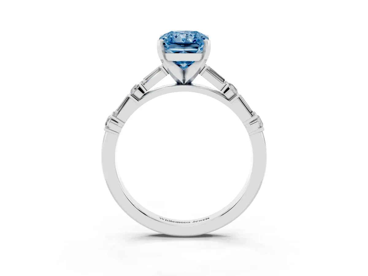 Fancy Blue Radiant Cut Diamond Solitaire with Side Baguettes and Channel Set Band Silver