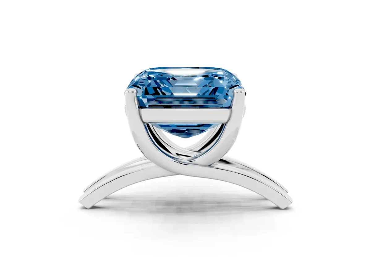 Fancy Blue Asscher Cut Cut Diamond Solitaire Engagement Ring with Tapered Plain Band and Four-Prong Setting Silver