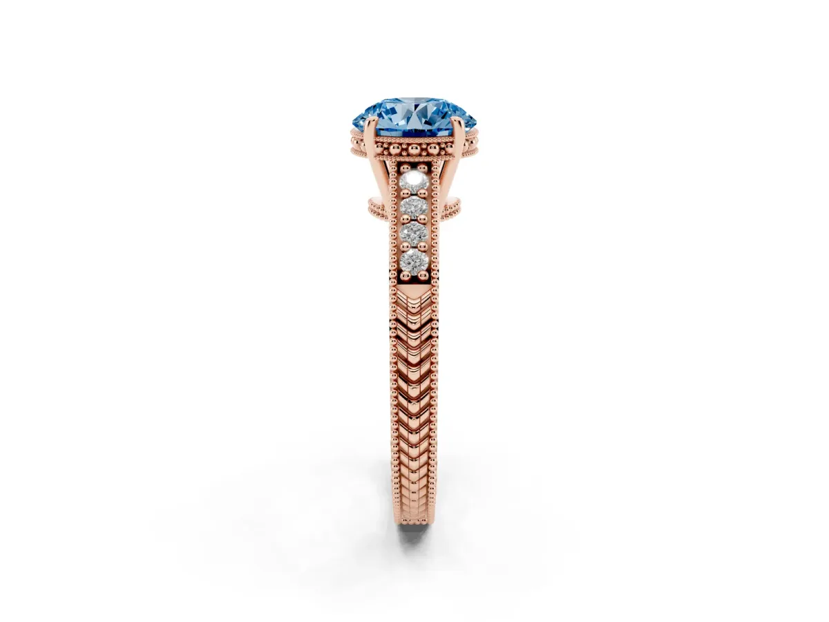 Fancy Blue Round Cut Solitaire Pavé Diamond Milgrain Engagement Ring with Four-Prong Setting Rose gold