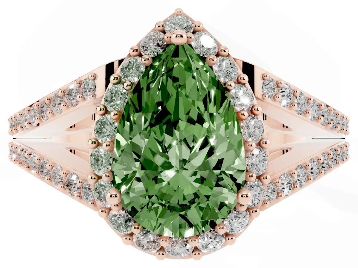 Fancy Green Pear Cut Halo Split Shank Diamond Ring with Prong Setting Rose gold