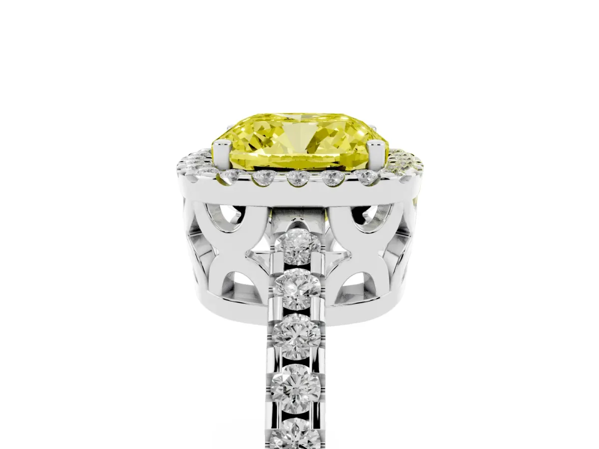 Fancy Yellow Cushion Cut Diamond Halo Engagement Ring with Pavé Band and Prong Setting Platinum