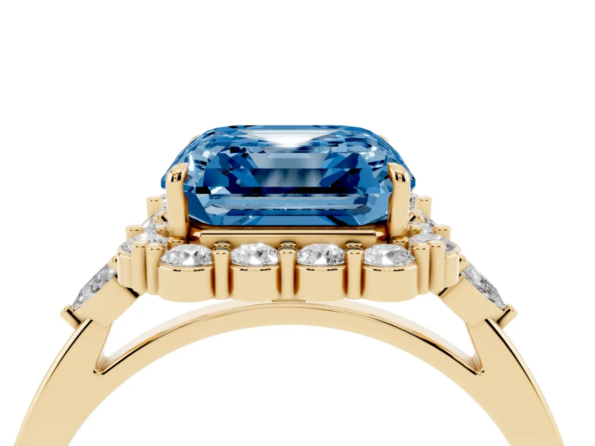 Fancy Blue Asscher Cut Diamond Halo Ring with Pear Side Stones and Prong Setting Yellow gold