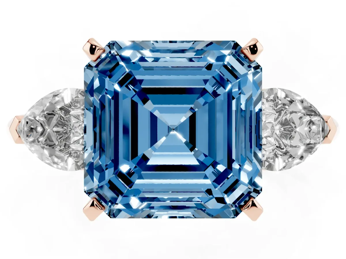 Fancy Blue Three-Stone Asscher Cut Diamond Ring with Pear Side Stones and Four-Prong Setting Rose gold