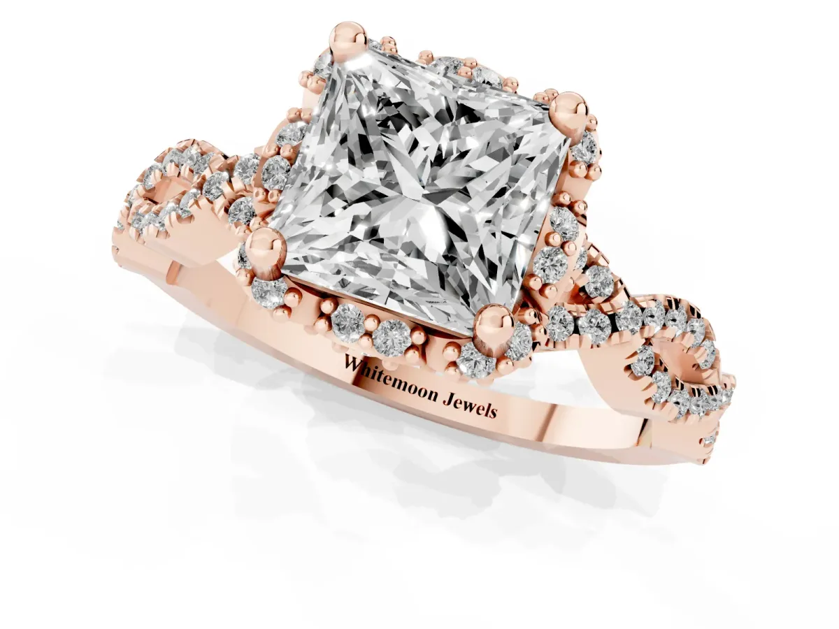 Princess Cut Halo Twist Band Solitaire Ring with Six-Prong Setting Rose gold