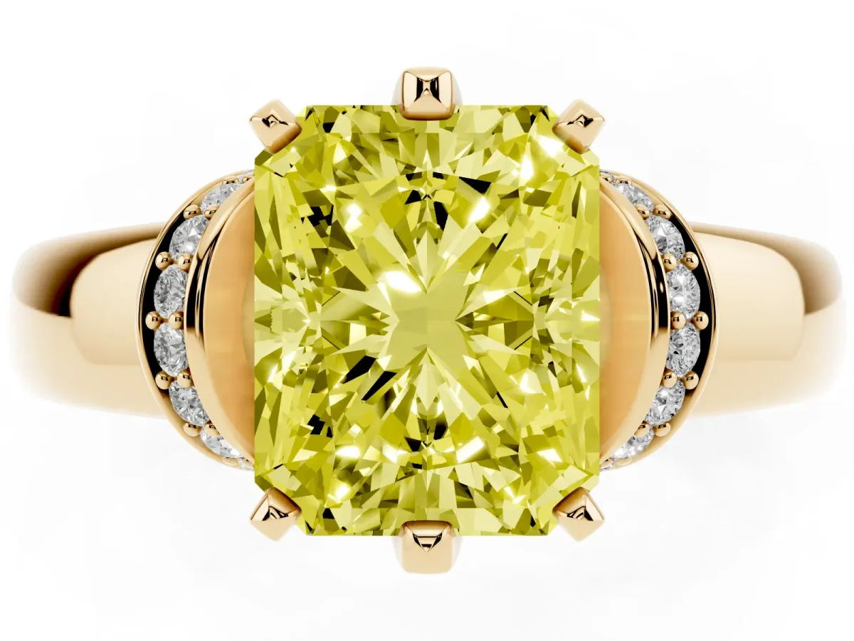 Fancy Yellow Radiant Cut Solitaire Diamond Ring with Pave Band and Six-Prong Setting Yellow gold