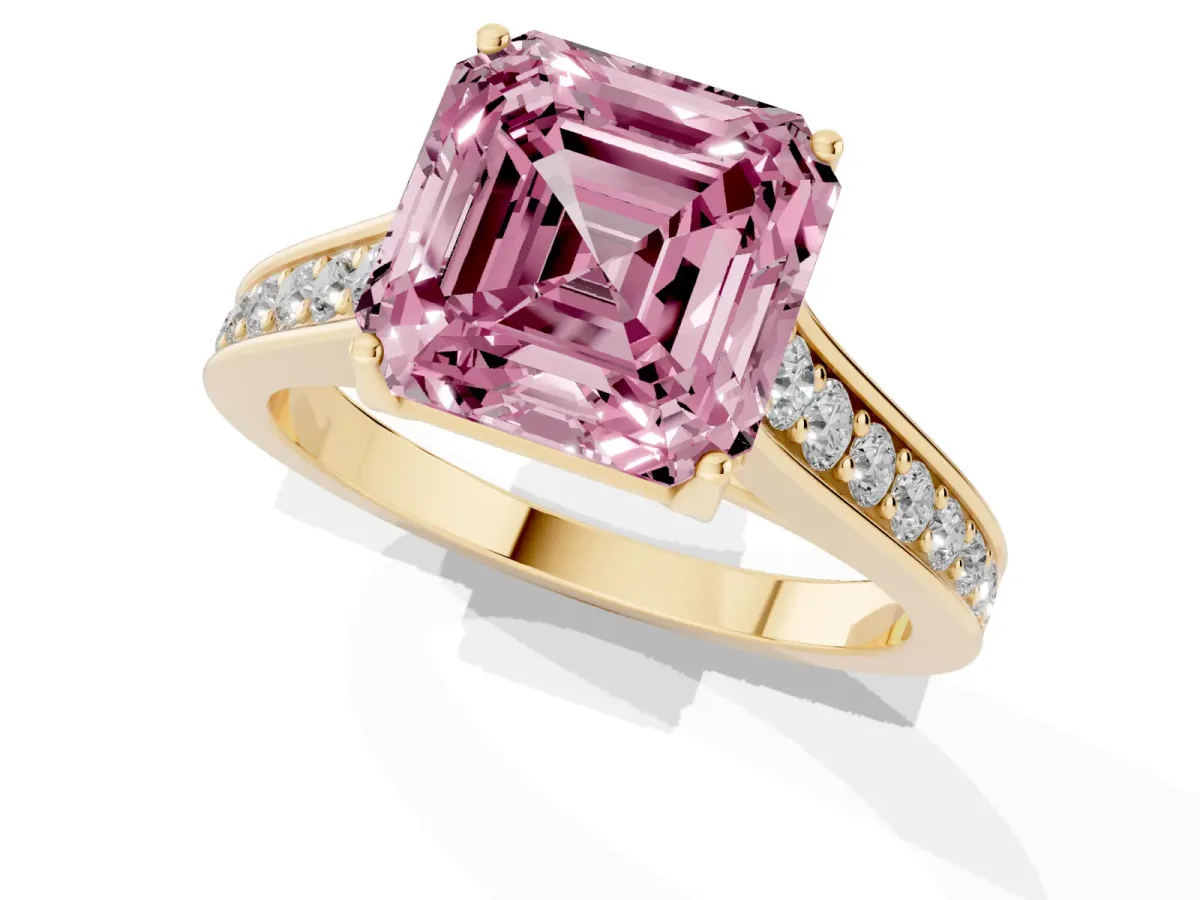 Fancy Pink Asscher Cut Brilliant Cut Diamond Engagement Ring with Pavé Band and Four-Prong Setting Yellow gold
