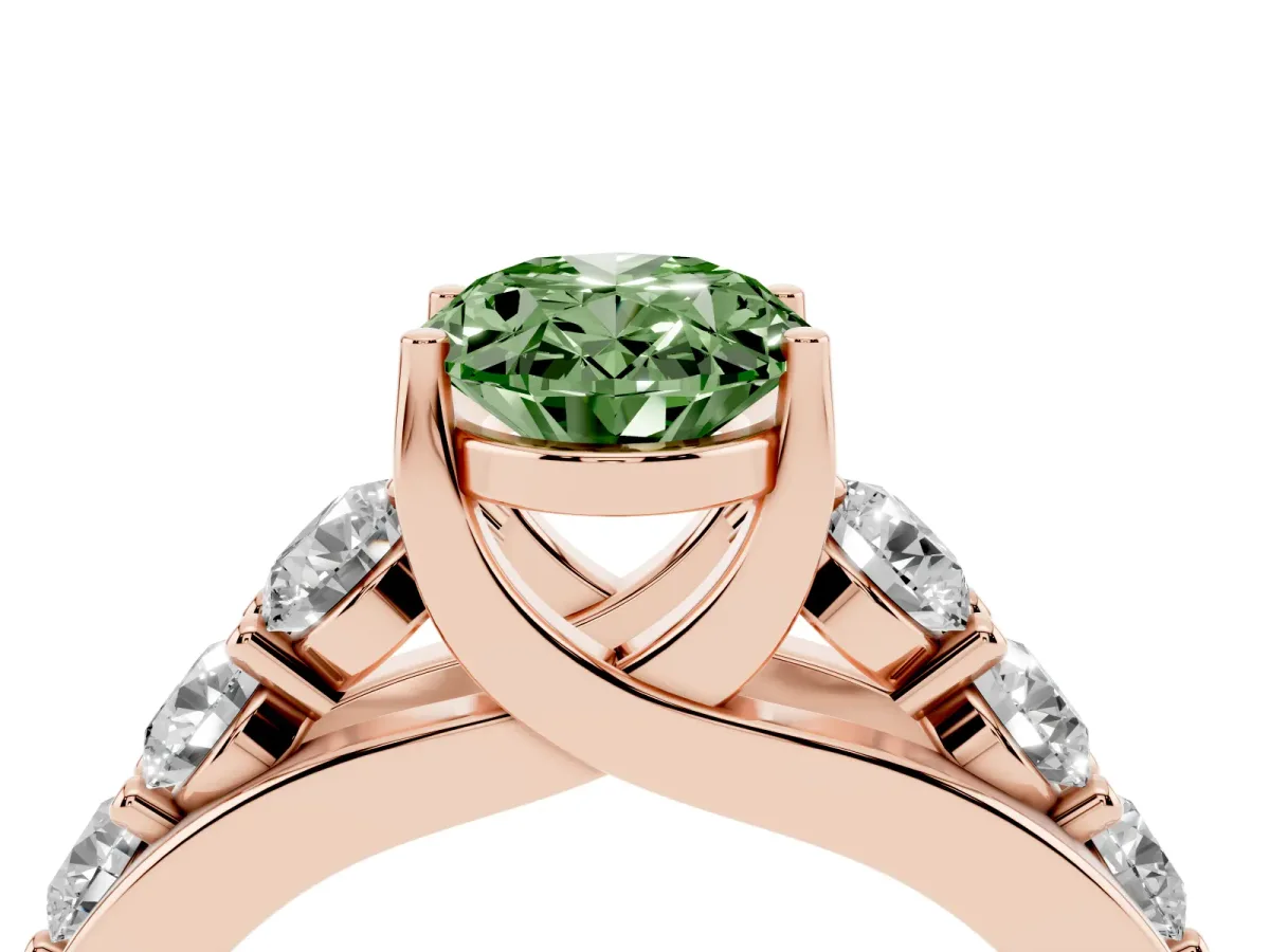 Fancy Green Oval Cut Diamond Engagement Ring with Pavé Band and Four-Prong Setting Rose gold