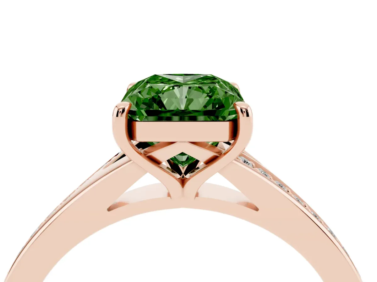 Fancy Green Radiant Cut Diamond Solitaire Ring with Pavé Band and Prong Setting Rose gold
