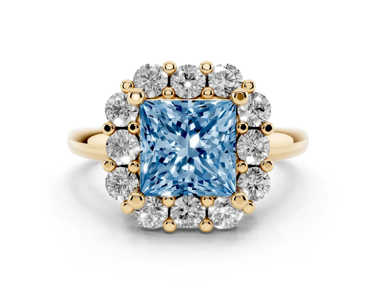 Fancy Blue Princess Cut Halo Cluster Diamond Engagement Ring with Prong Setting and Polished Band Yellow gold