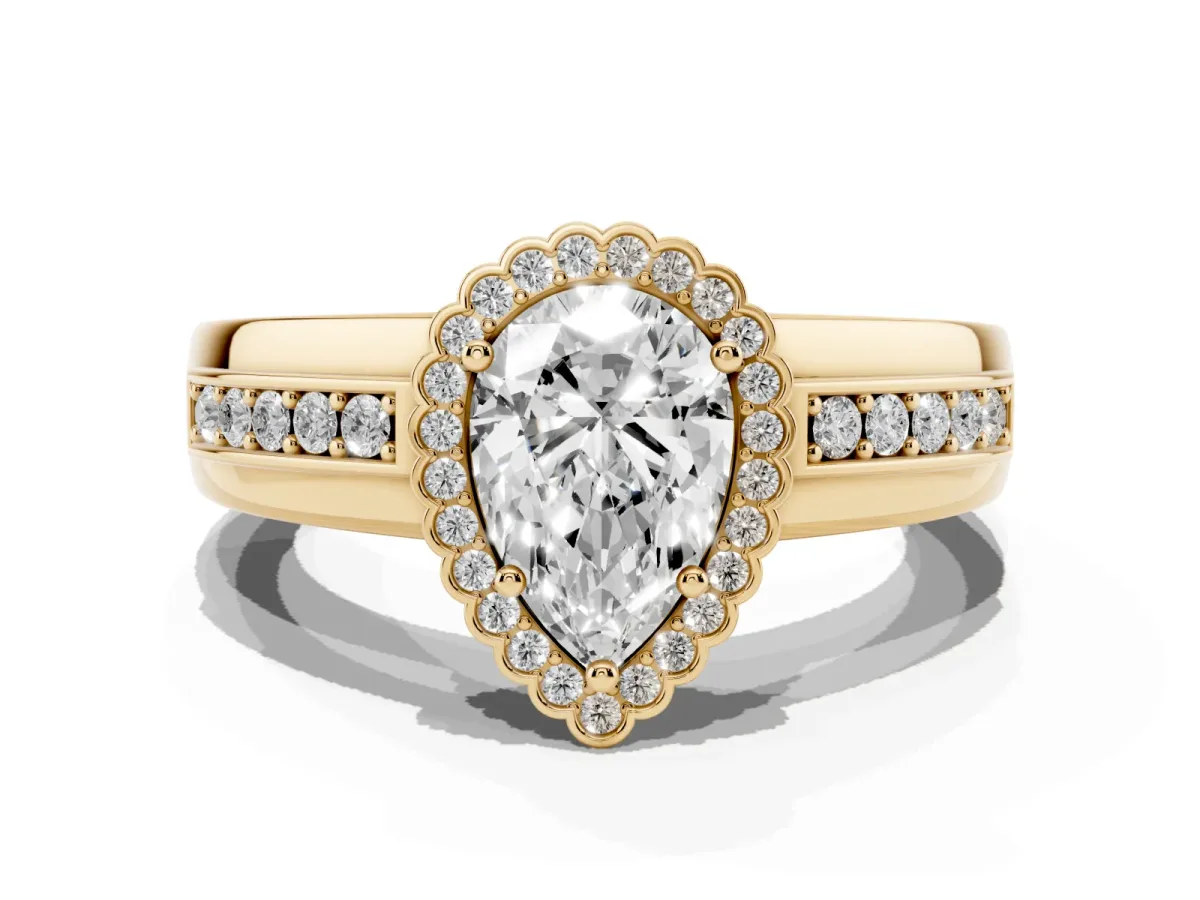 Pear Cut Cut Halo Pave Band Four-Prong Ring Yellow gold