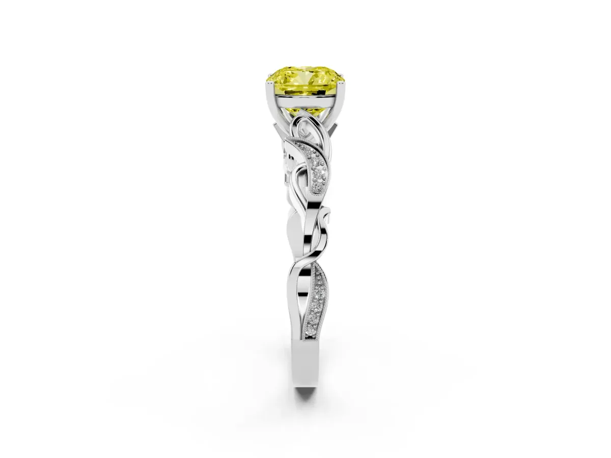 Fancy Yellow Cushion Cut Solitaire Vine Band with Milgrain Prong Setting Silver