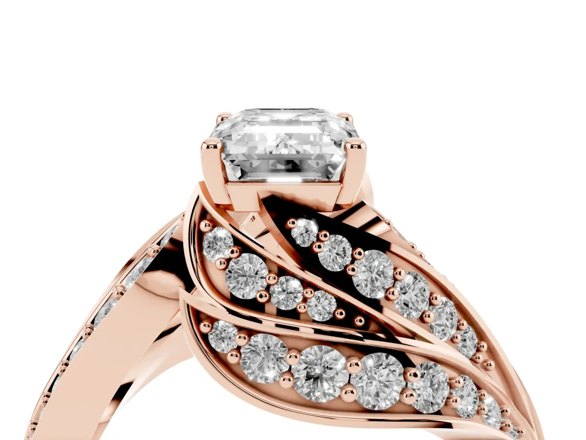 Emerald Cut Diamond Solitaire Ring with Prong Setting and Twisted Pavé Band Rose gold