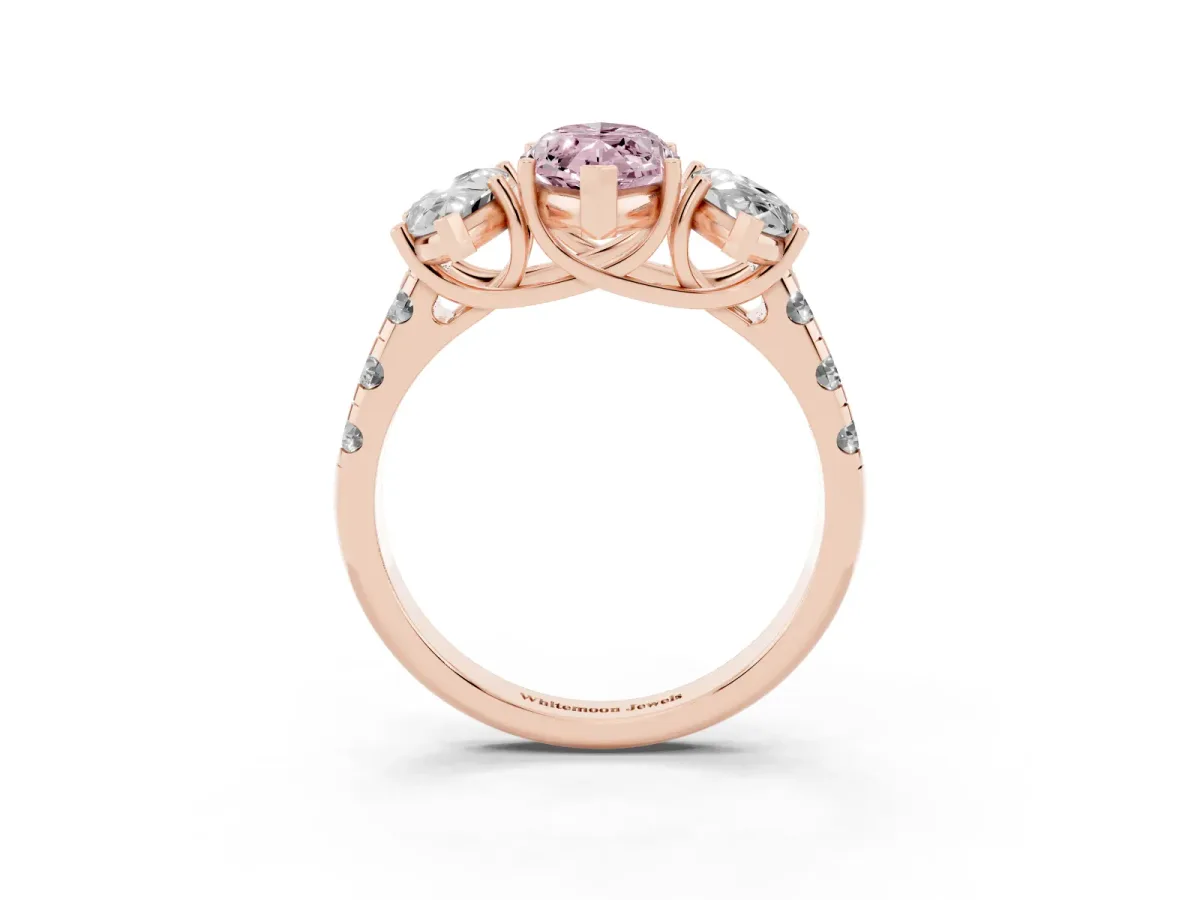 Fancy Pink Three-Stone Marquise Cut Diamond Pavé Band with Prong Setting Rose gold