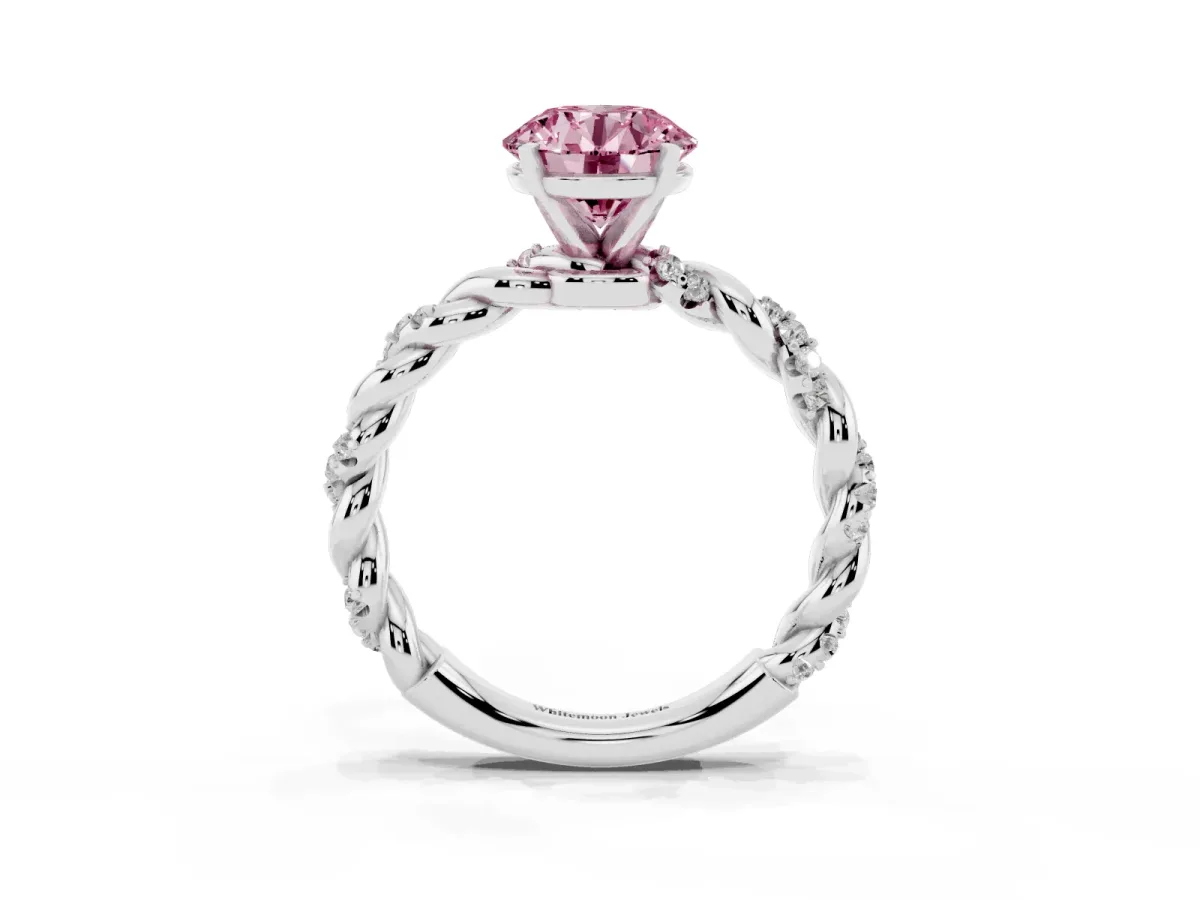 Fancy Pink Round Cut Diamond Solitaire Ring with Twisted Band and Pavé Accents White gold