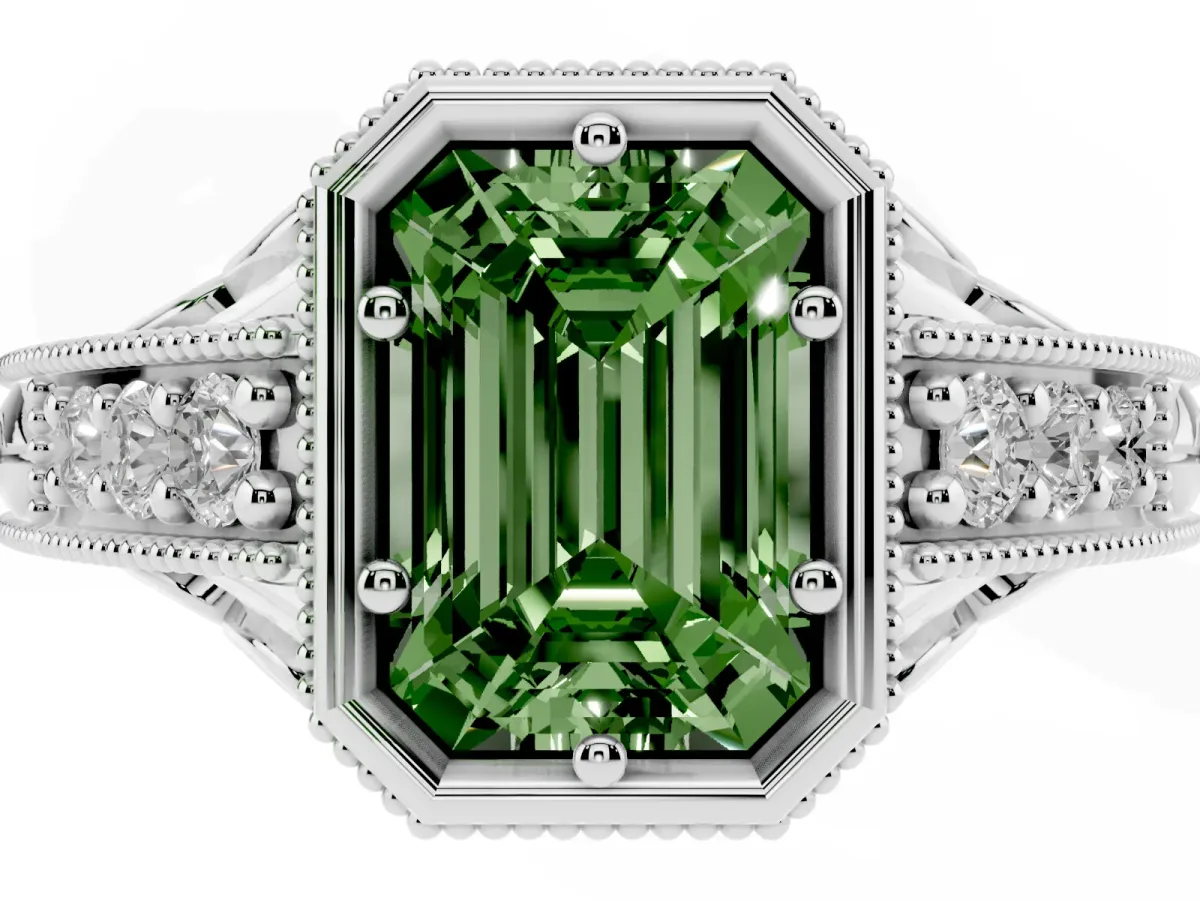 Fancy Green Bezel Set Emerald Cut Diamond Milgrain Pave Engagement Ring Platinum