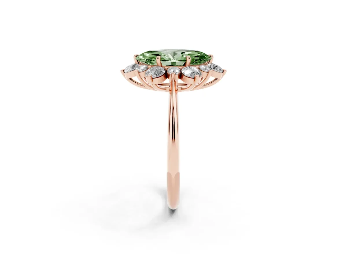 Fancy Green Marquise Cut Diamond Cluster Halo Ring with Solitaire Band and Four-Prong Setting Rose gold