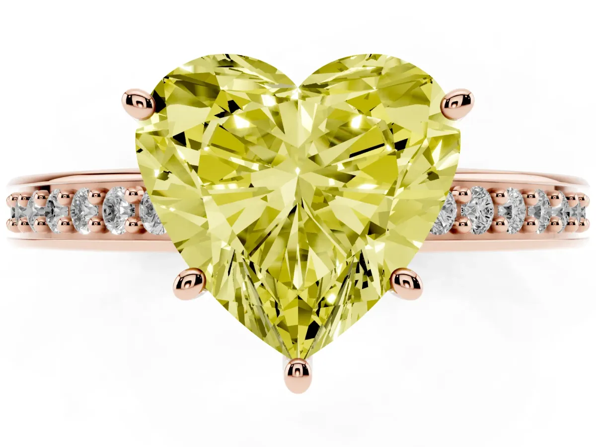 Fancy Yellow Heart Cut Solitaire Pavé Band Prong Setting Ring Rose gold