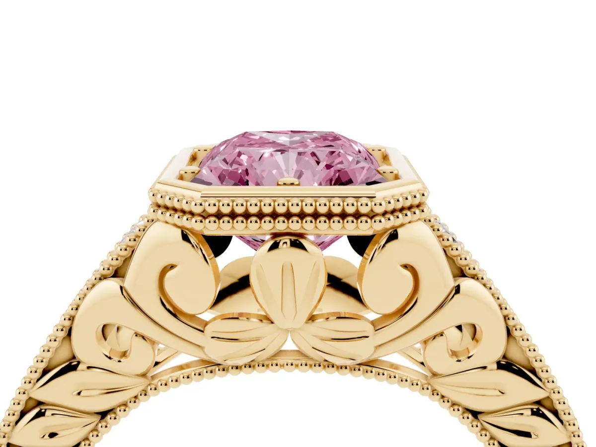 Fancy Pink Bezel Set Radiant Cut Diamond Milgrain Pave Engagement Ring Yellow gold