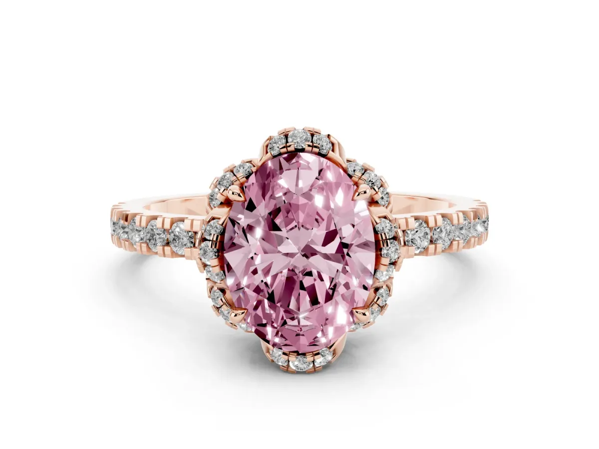 Fancy Pink Oval Cut Halo Diamond Pave Band Ring with Four-Prong Setting Rose gold