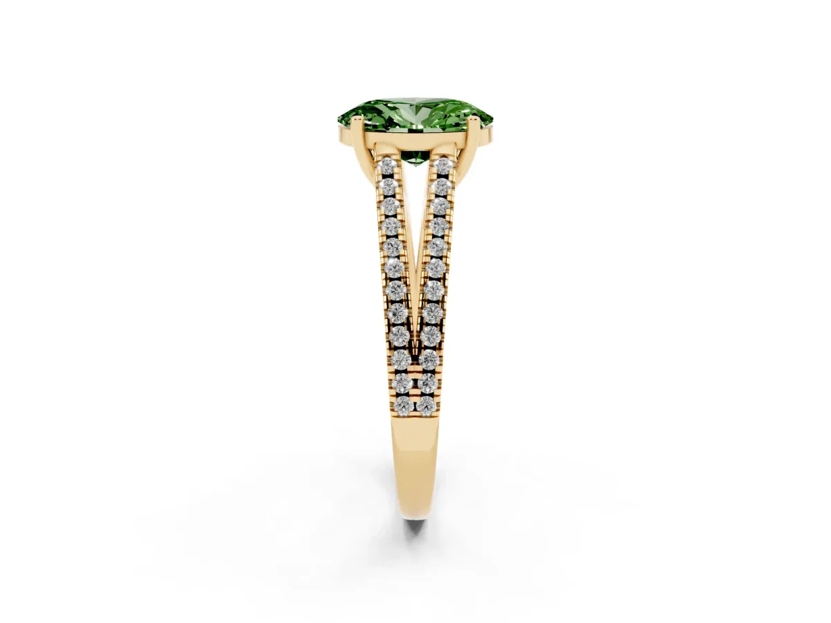 Fancy Green Oval Cut Diamond Solitaire Engagement Ring with Split Shank Pavé Band Yellow gold