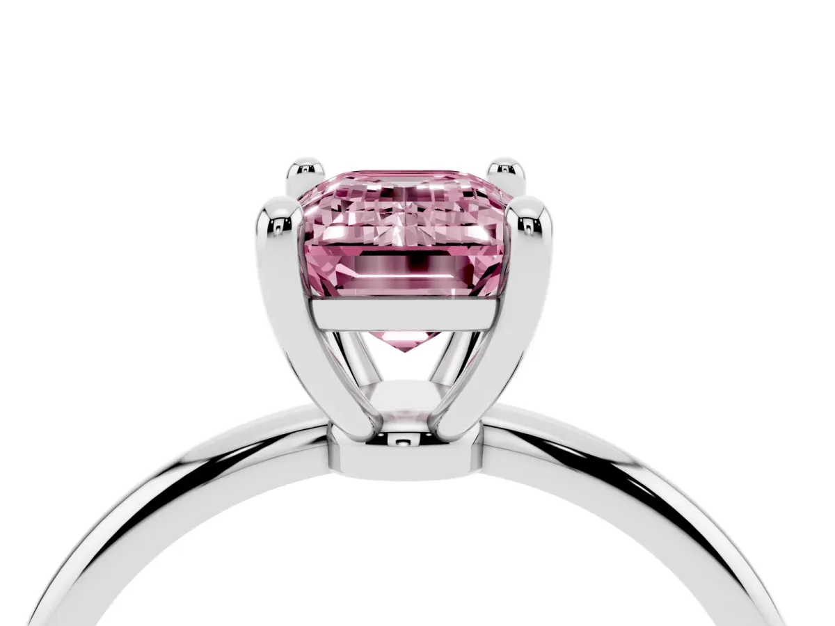Fancy Pink Emerald Cut Solitaire Diamond Ring with 4-Prong Setting on a Classic Band Silver