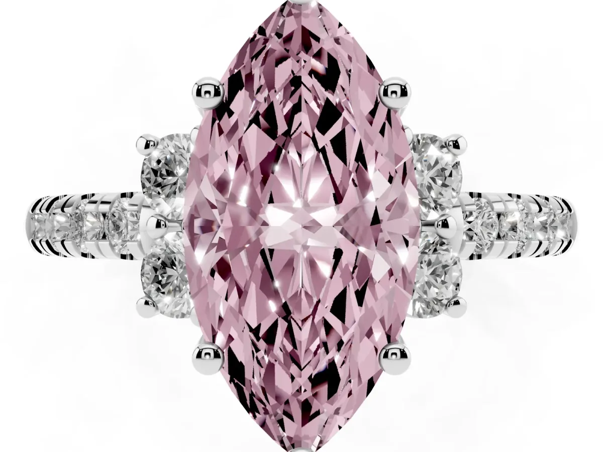 Fancy Pink Marquise Cut Diamond Three-Stone Pave Band with Four-Prong Setting Silver