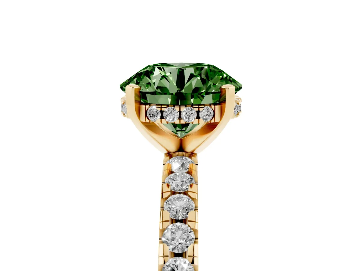 Fancy Green Round Cut Diamond Solitaire Ring with Round Pavé Band and Four-Prong Setting Yellow gold