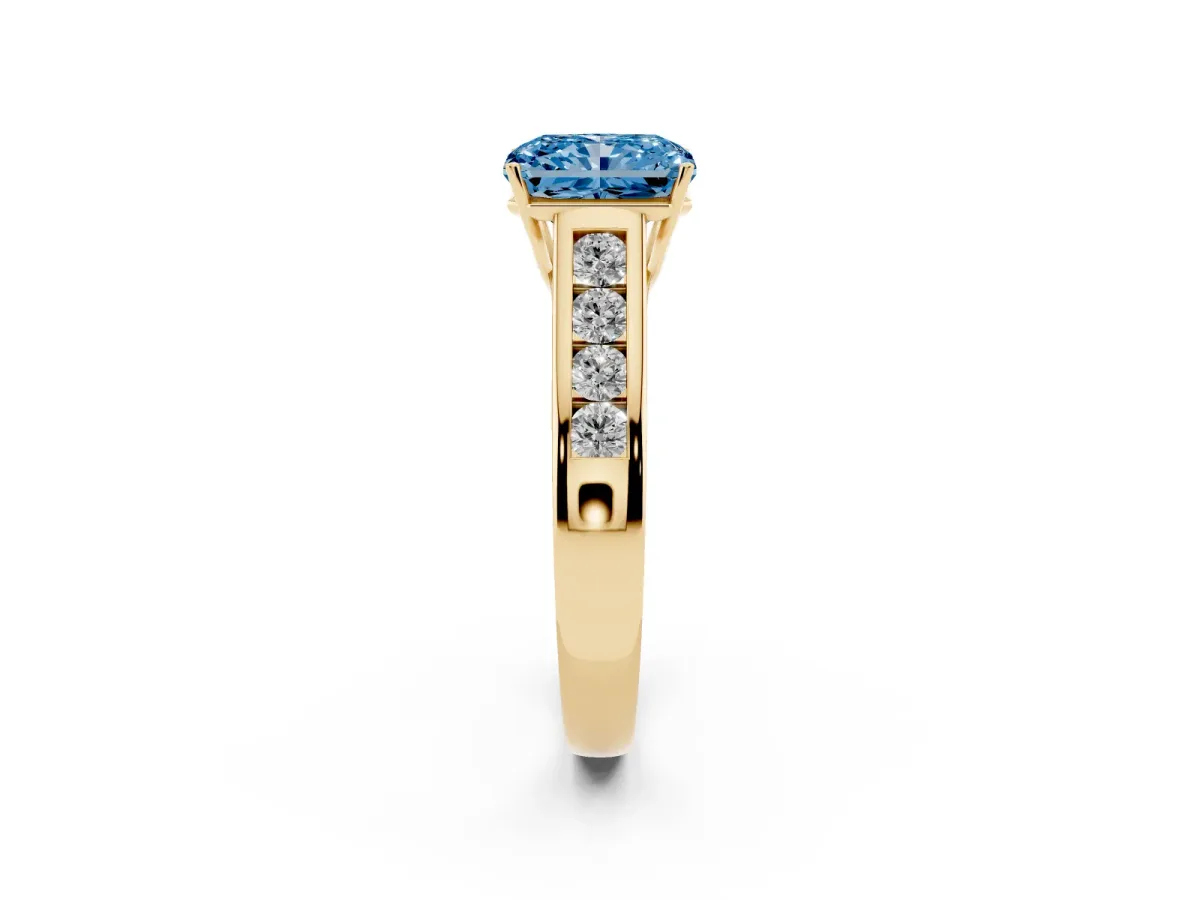Fancy Blue Radiant Cut Solitaire Channel-Set Diamond Engagement Ring with Four-Prong Setting Yellow gold