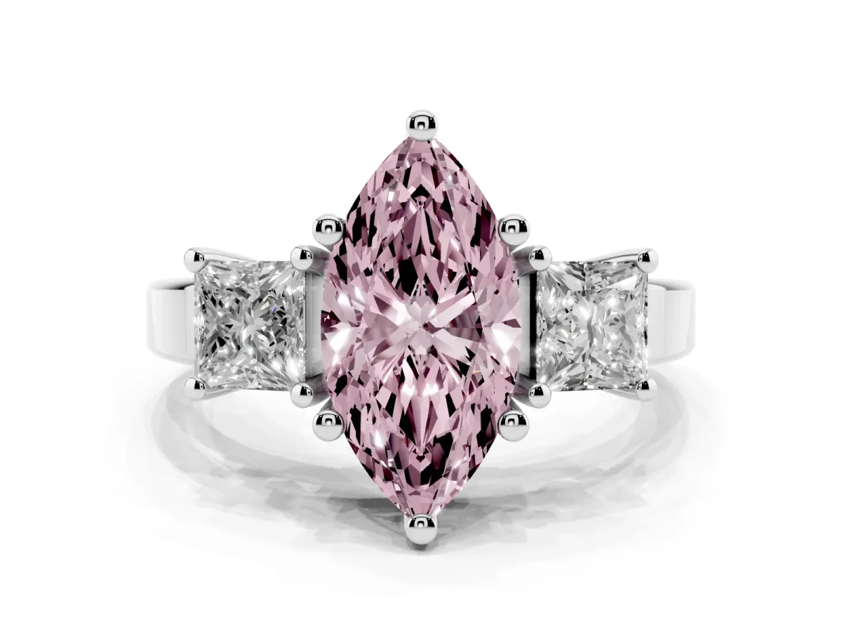 Fancy Pink Three-Stone Marquise Cut Cut Solitaire Ring with Prong Setting Silver