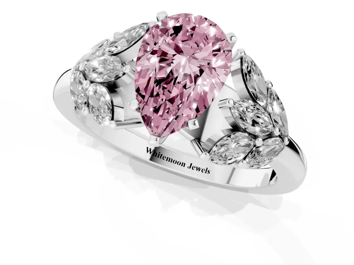Fancy Pink Pear Cut Diamond Cluster Leaf Design Ring with Prong Setting Silver