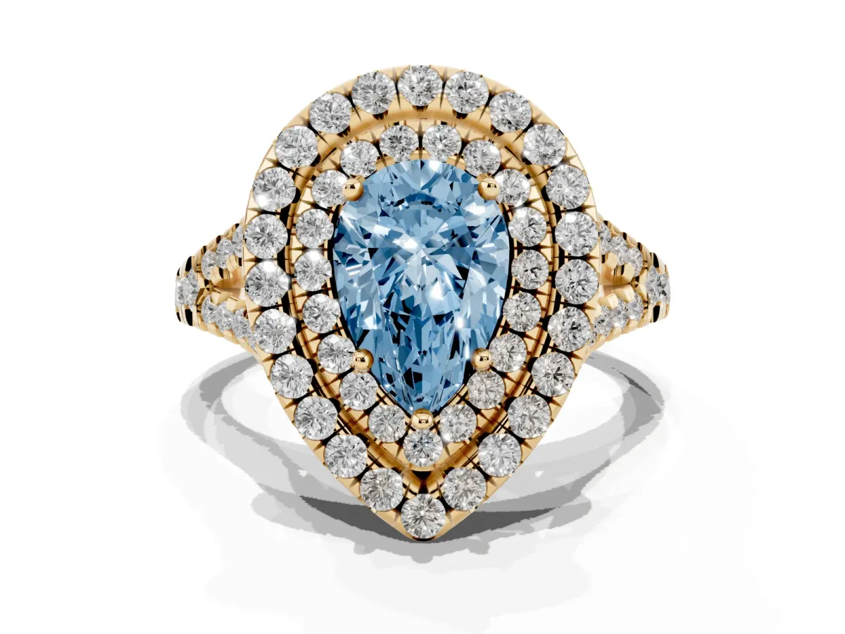 Fancy Blue Double Halo Pear Cut Diamond Pavé Split Shank Ring with Prong Setting Yellow gold