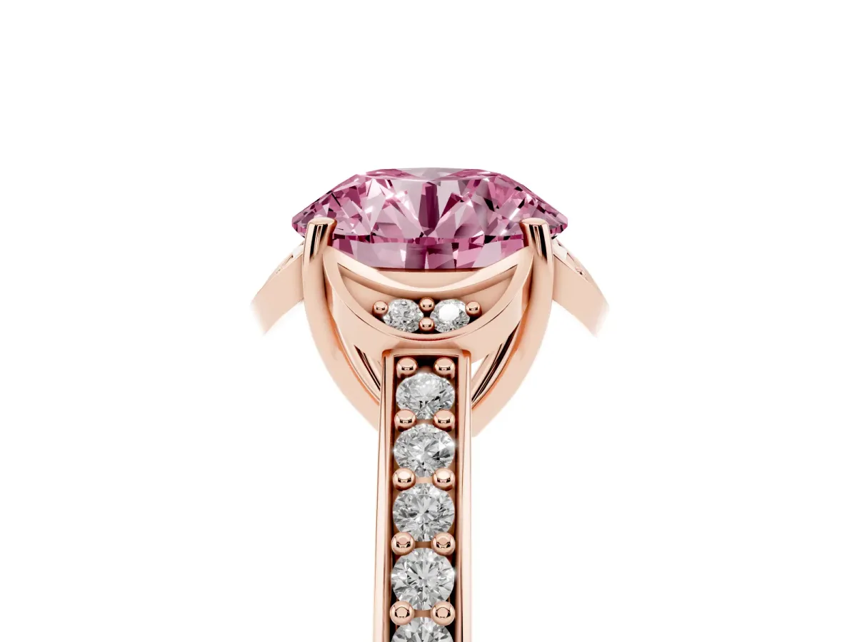 Fancy Pink Round Cut Cut Halo Diamond Ring with Channel Set Band and Four-Prong Setting Rose gold