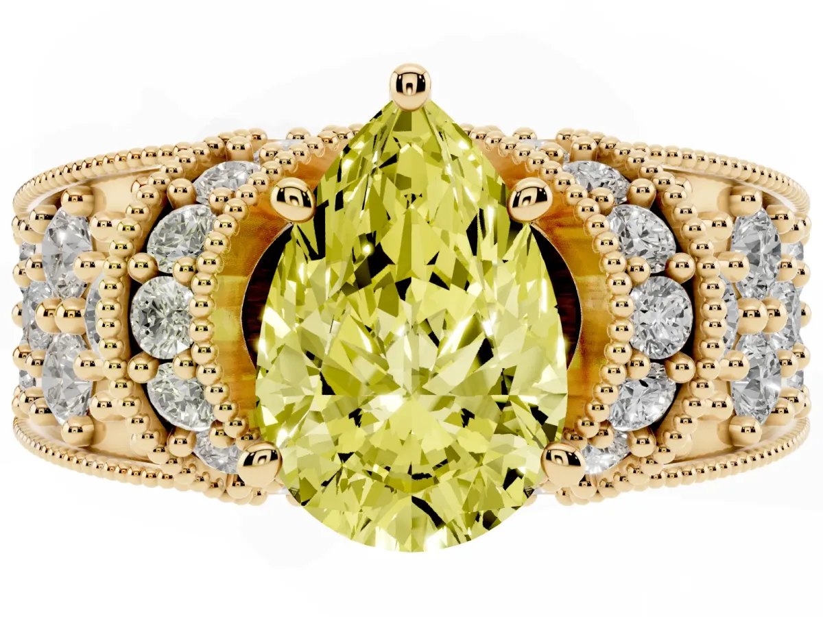 Fancy Yellow Pear Cut Halo Pave Diamond Engagement Ring with Milgrain Detailing Yellow gold