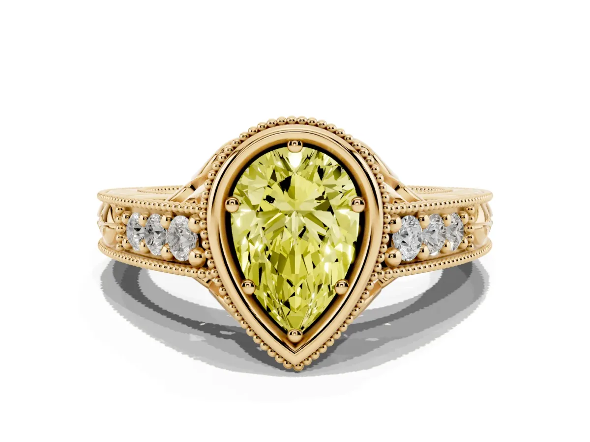 Fancy Yellow Bezel Set Pear Cut Diamond Milgrain Pave Engagement Ring Yellow gold